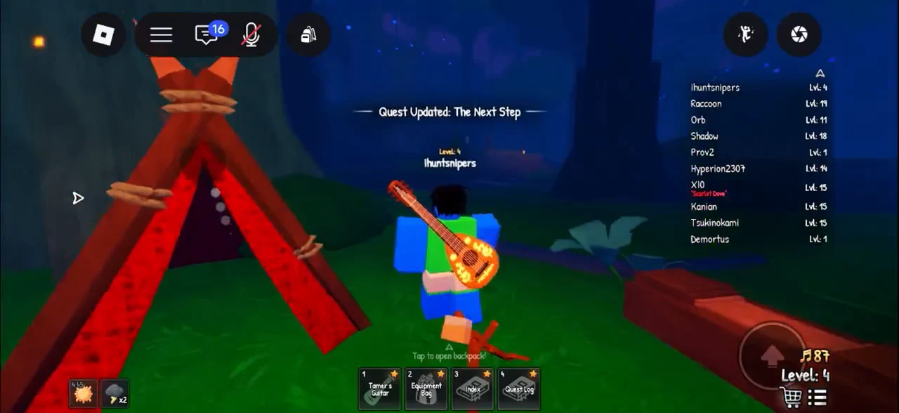 Quest Updated notice for The Next Step while standing beside a camp tent with the guitar equipped