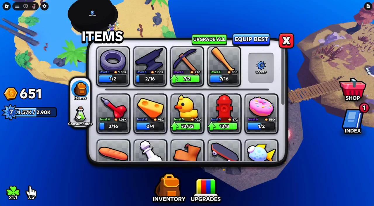 Items inventory open with the pickaxe's green upgrade control highlighted