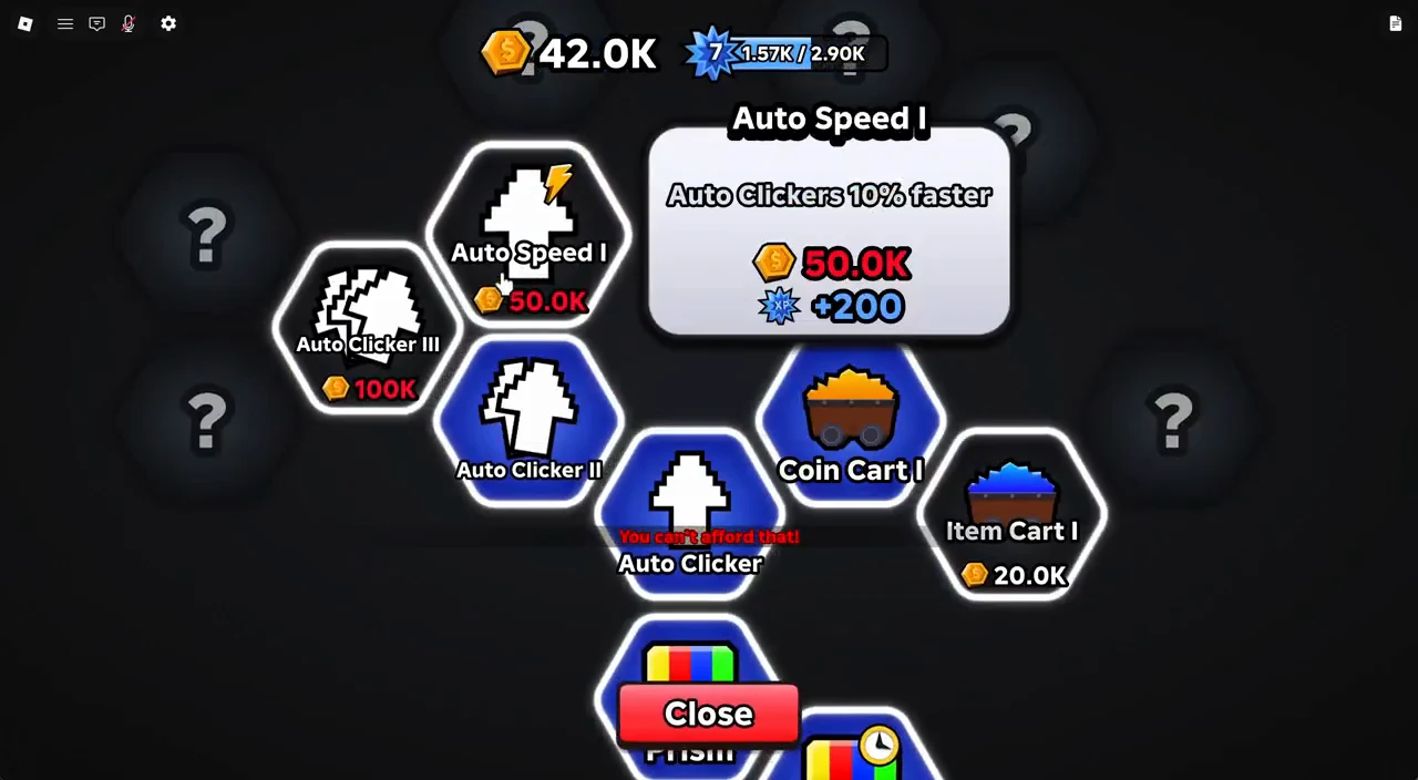 Auto Speed I selected in the upgrade tree showing its 10% speed boost and 50.0K coin cost