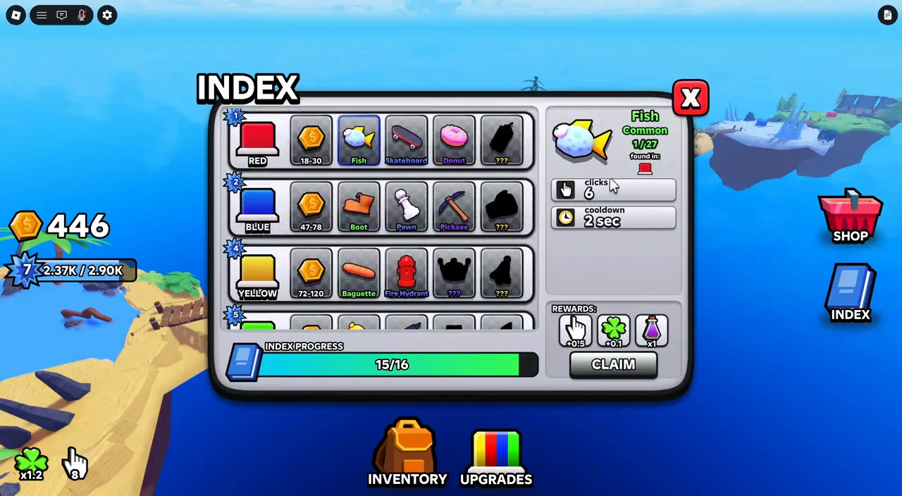 Index screen showing the Fish item selected with its Common entry details