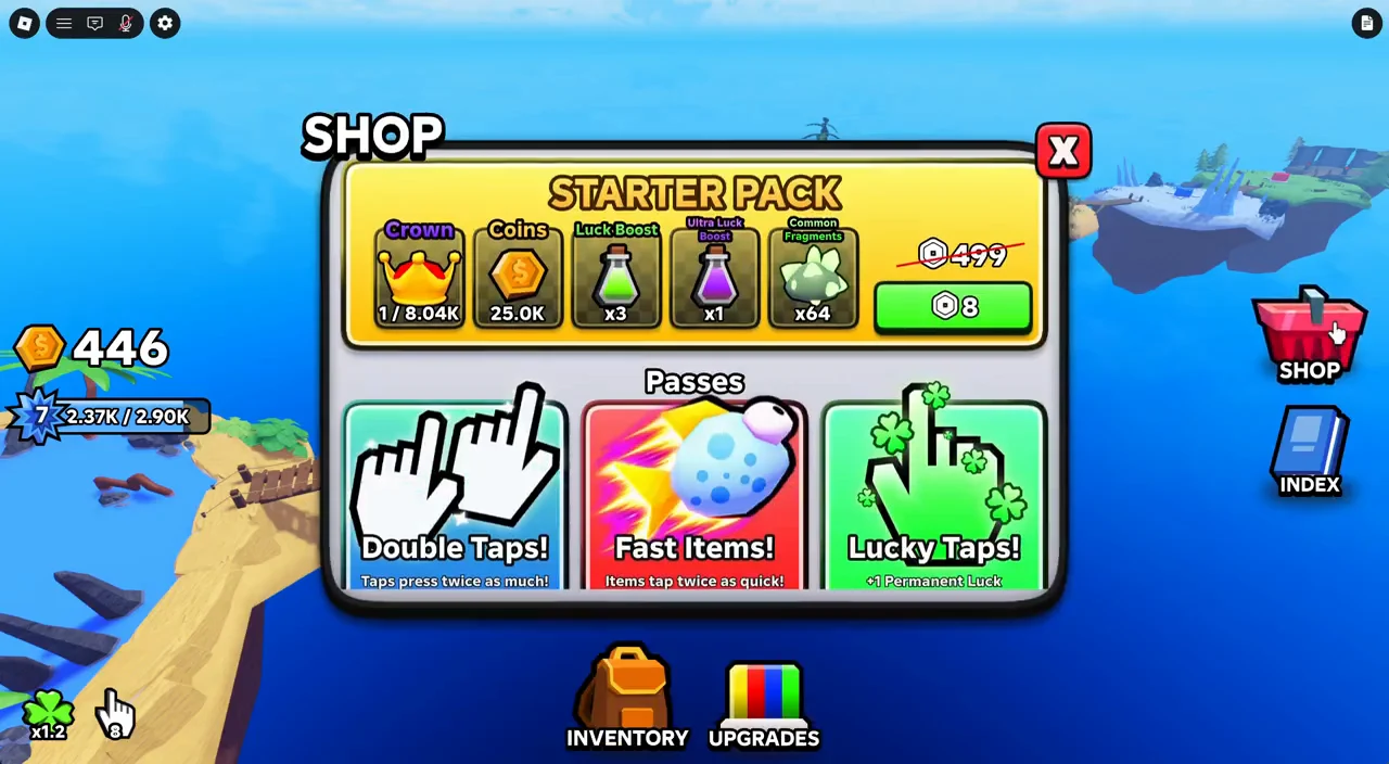 Shop screen open to the Starter Pack offer with its green purchase button above the passes
