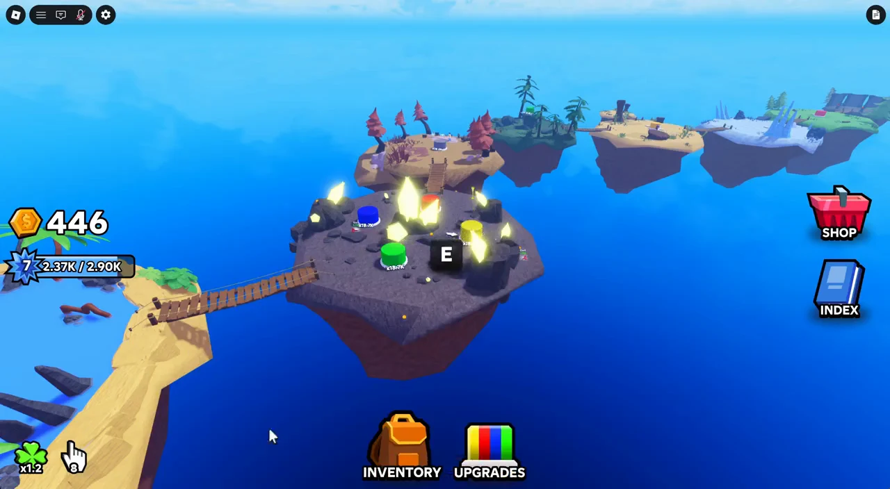 An E interaction prompt appearing beside glowing resource nodes on the island