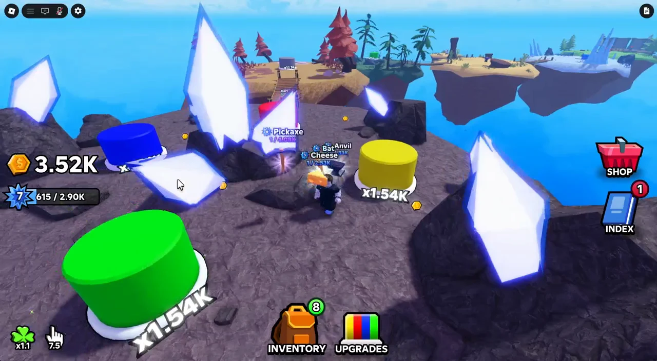 Avatar's Pickaxe striking a glowing crystal button on the island
