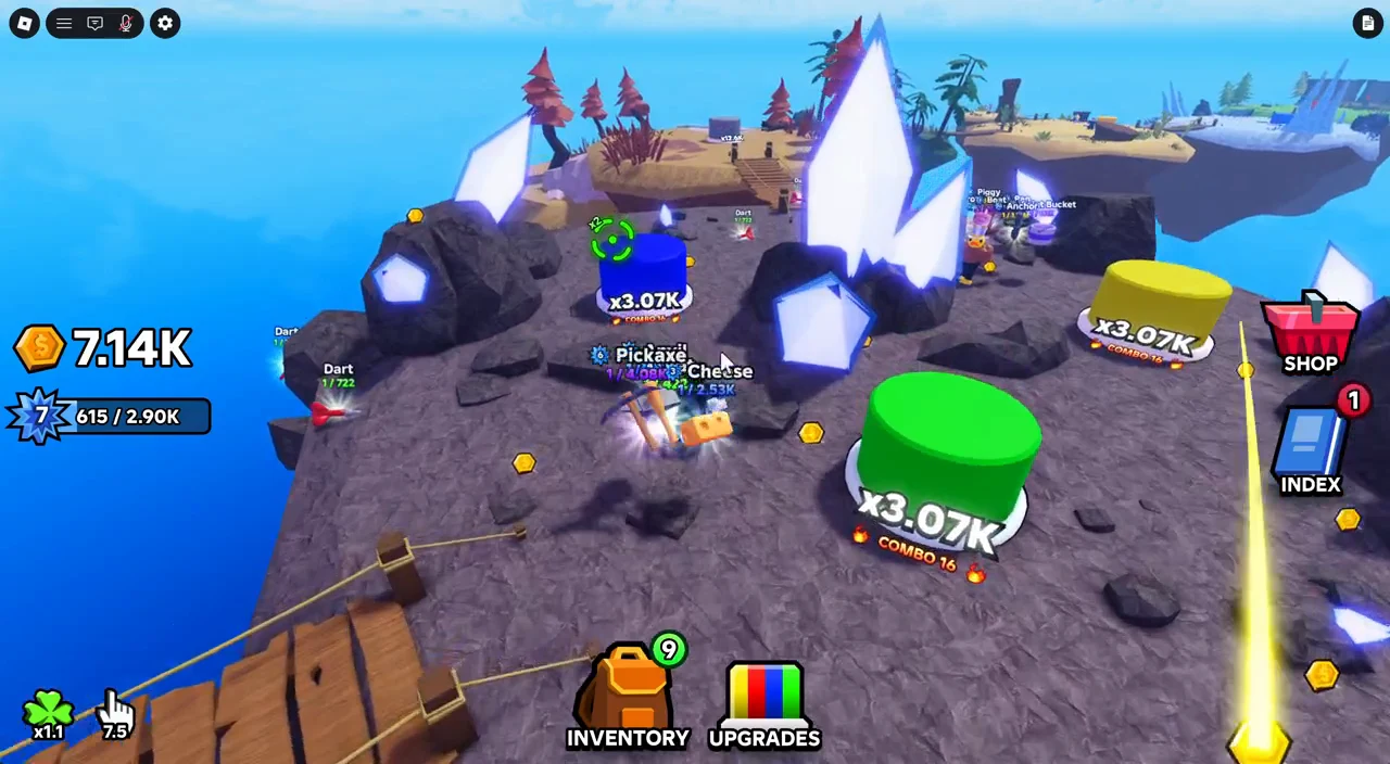 Avatar using a pickaxe on the blue button marked x3.07K with combo counters visible