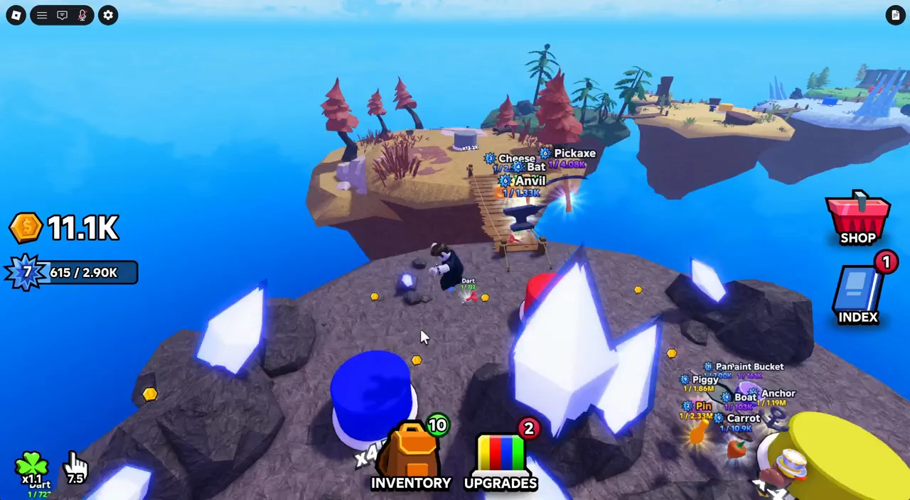 Player standing among glowing crystal deposits with the Inventory and Upgrades buttons on screen