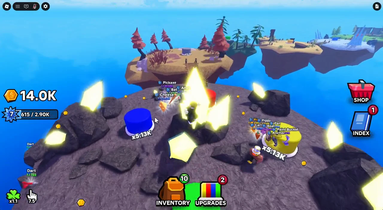 Avatar using the Pickaxe to break glowing ore deposits and collect coins on a floating island