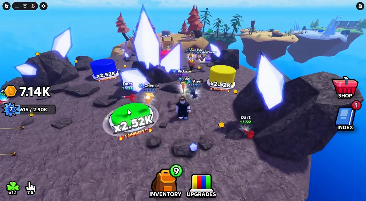 Cursor over the green combo target on the rocky island while coins are collected