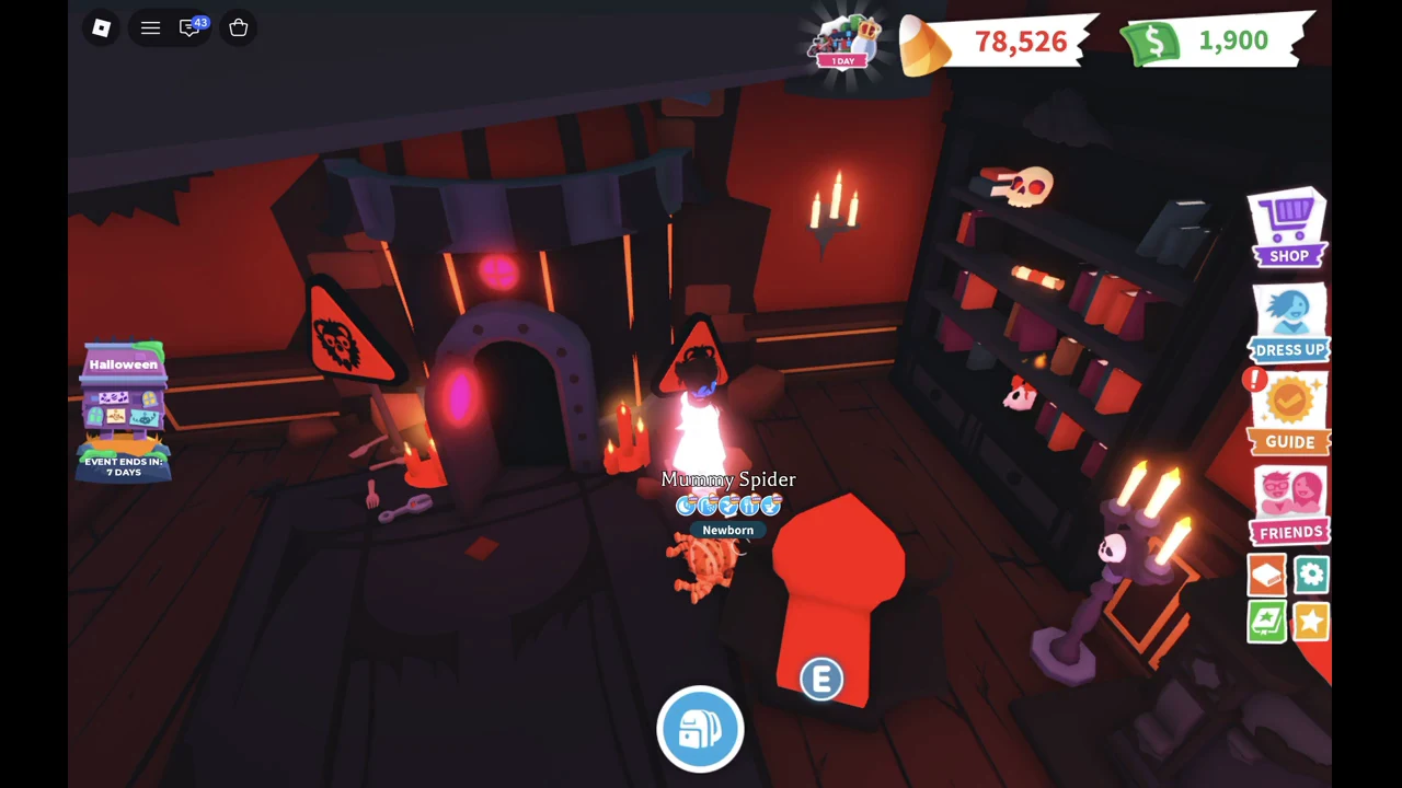 Count Slothula's red room in the Adopt Me Manor with the arched Where Bear? door, a pink light and two orange bear warning signs