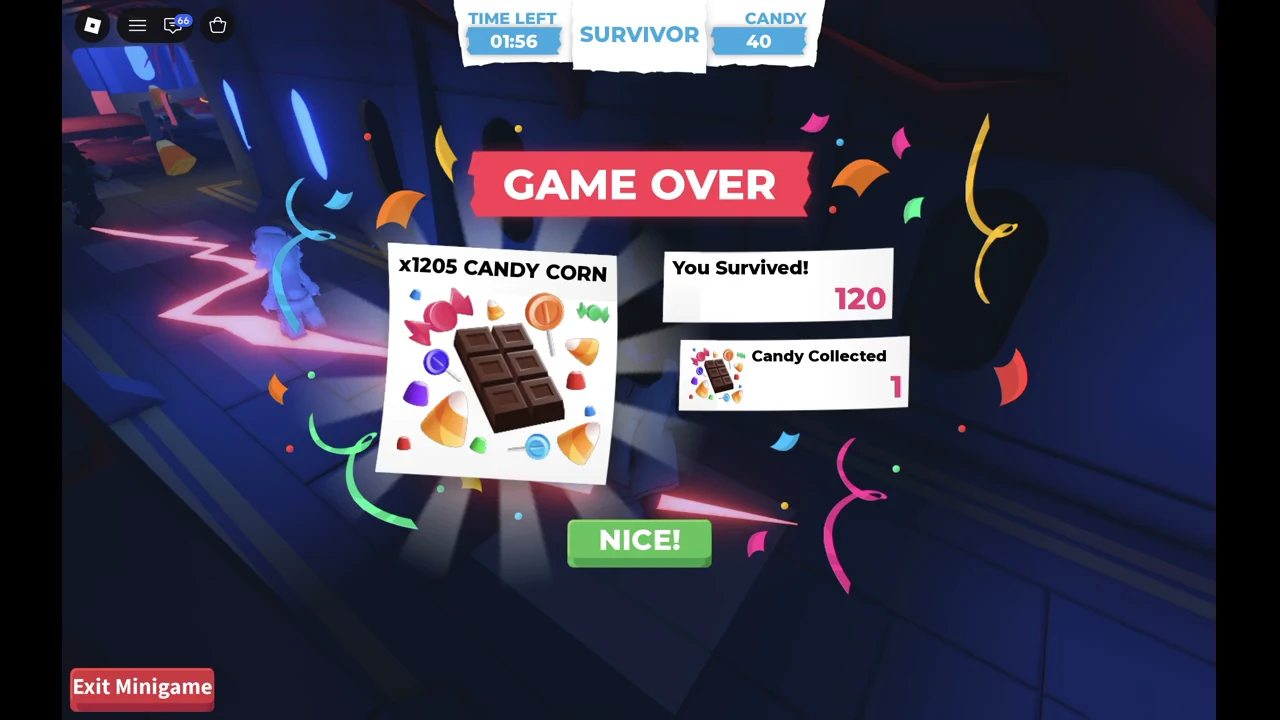 GAME OVER card showing 120 seconds survived, 1 candy collected and a green NICE! button