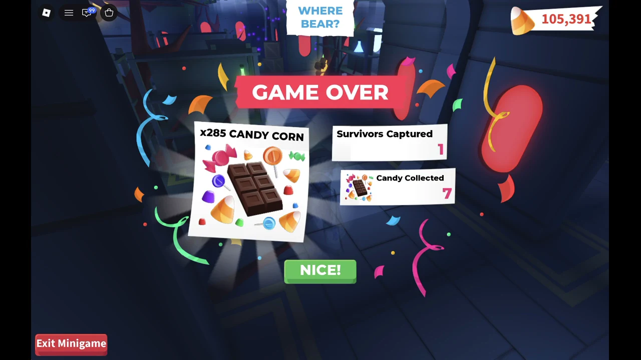 Bear GAME OVER card listing survivors captured and candy collected with a NICE! button