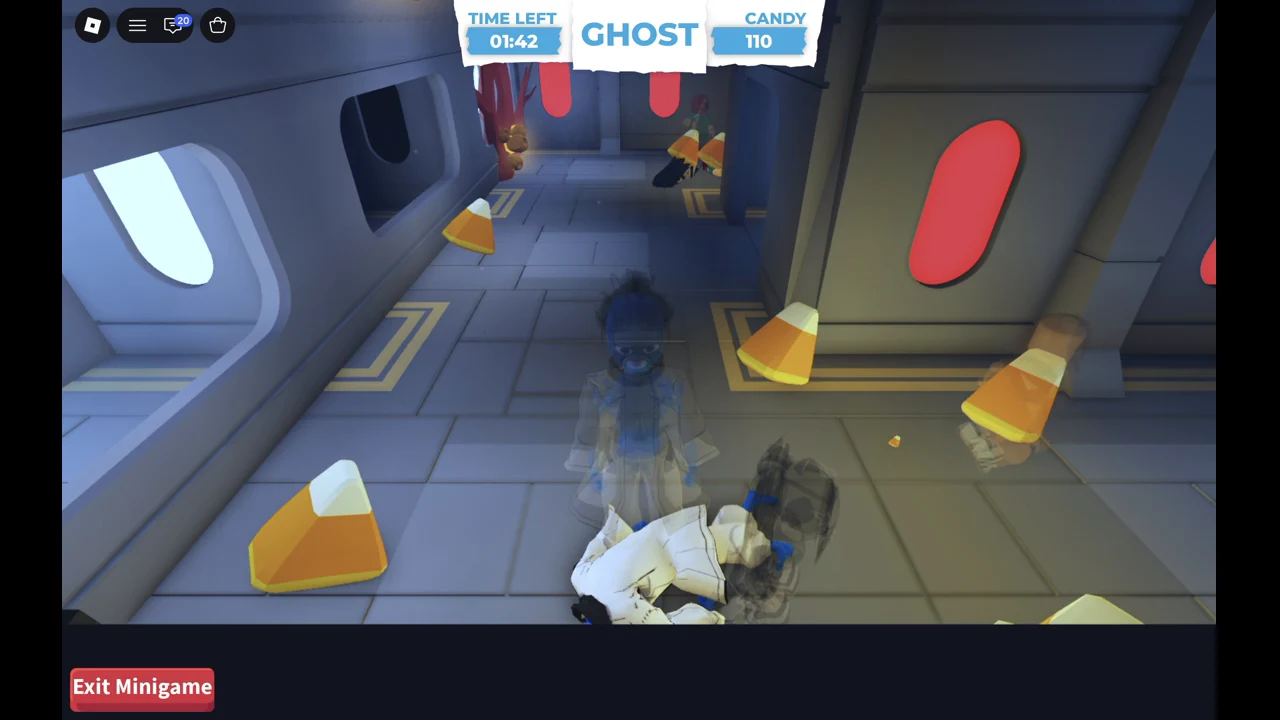 Ghost round in a candy-strewn corridor with 1:42 left and 110 candy on the HUD