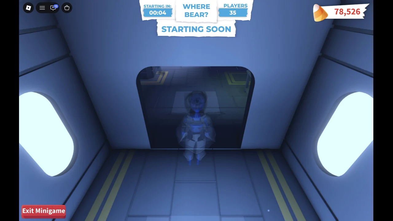Where Bear? lobby with the Starting Soon countdown, 35 players and the Exit Minigame button