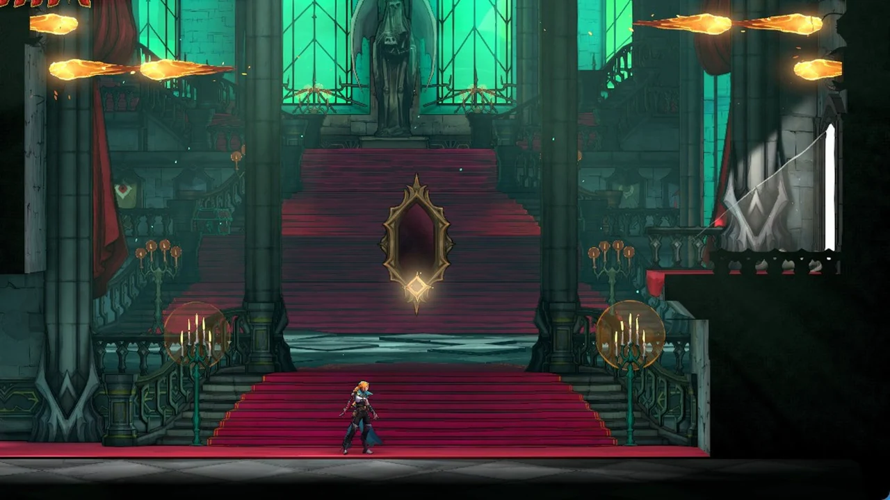 Rose on the red-carpeted staircase below the glowing gold-framed painting at the bottom of the shaft