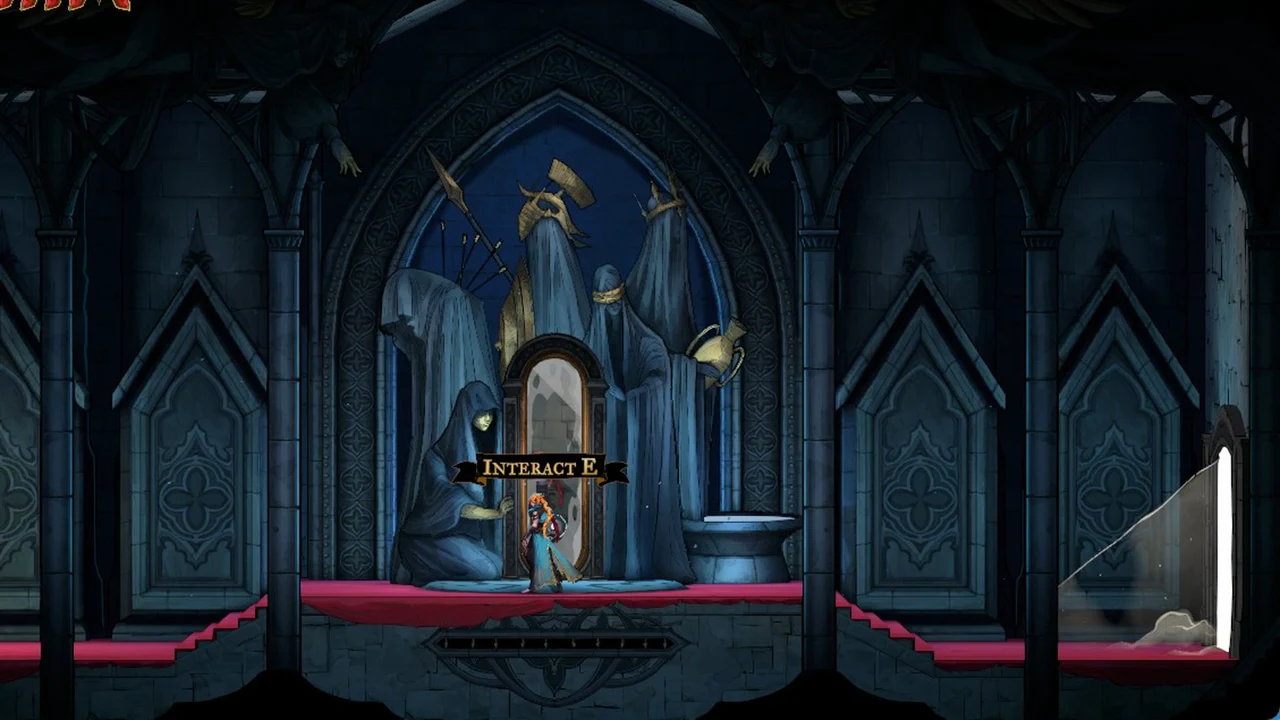 Rose in front of the Ballrooms Mirror of Life between veiled statues with the Interact E prompt shown
