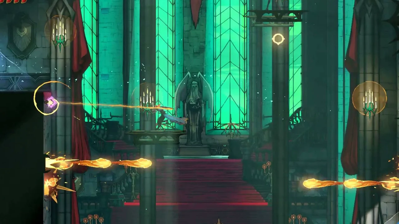 Rose's whip reaching toward the left wall of the shaft while orange fireballs sweep across the room