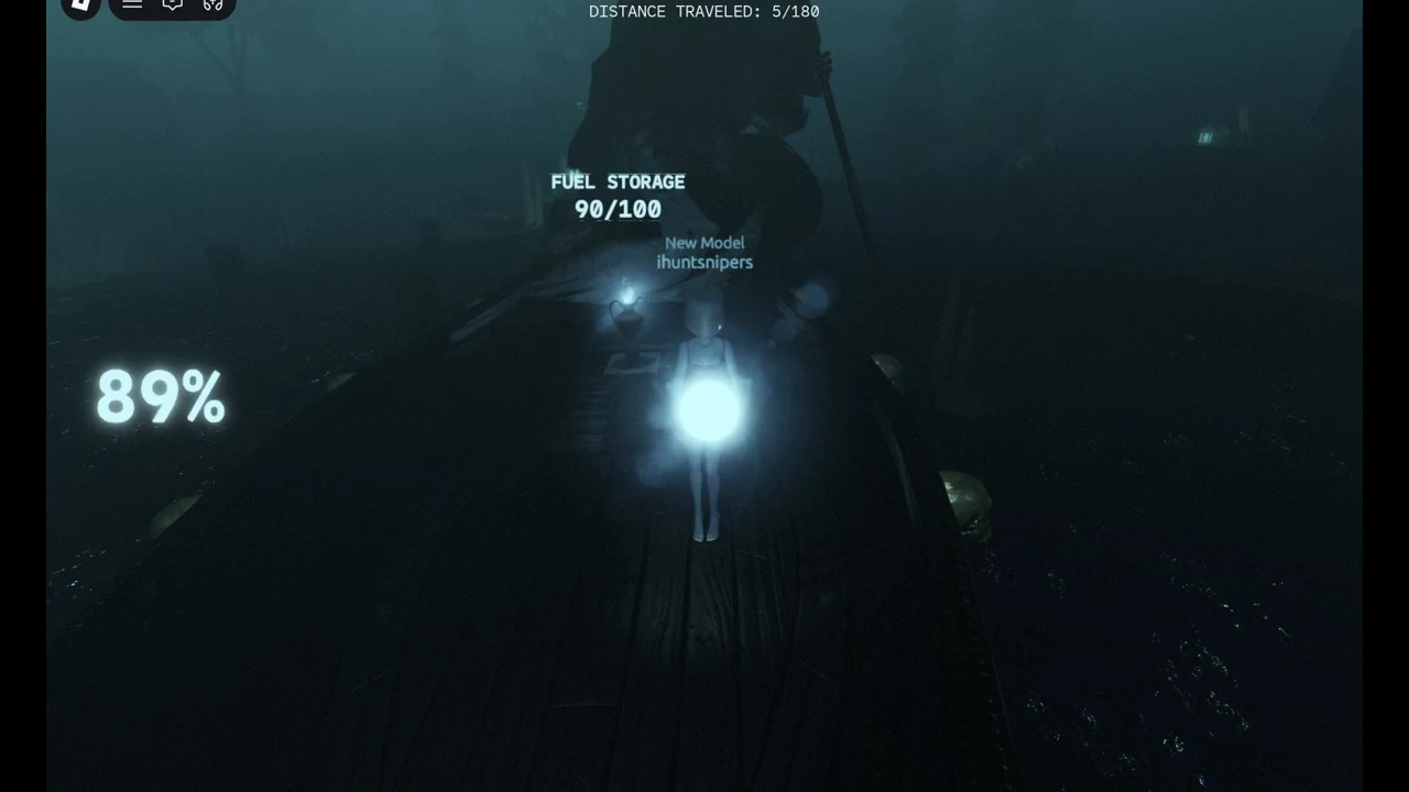 Character holding a glowing blue fuel orb by the fuel pile at 90/100, light 89 percent, distance traveled 5/180