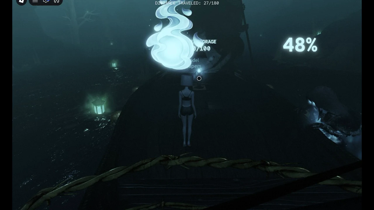 Character standing on the boat as the lantern light reads 48% at 27/180 distance traveled