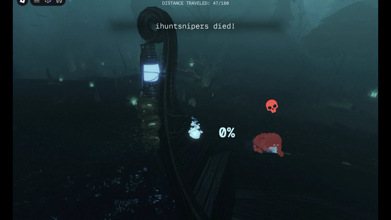Death message on the boat at 47/180 with a skull icon and the lantern light at 0%