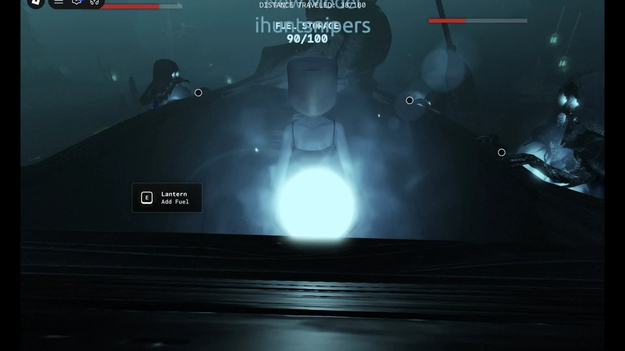 Holding fuel at the Lantern Add Fuel prompt while the storage pile reads 90/100