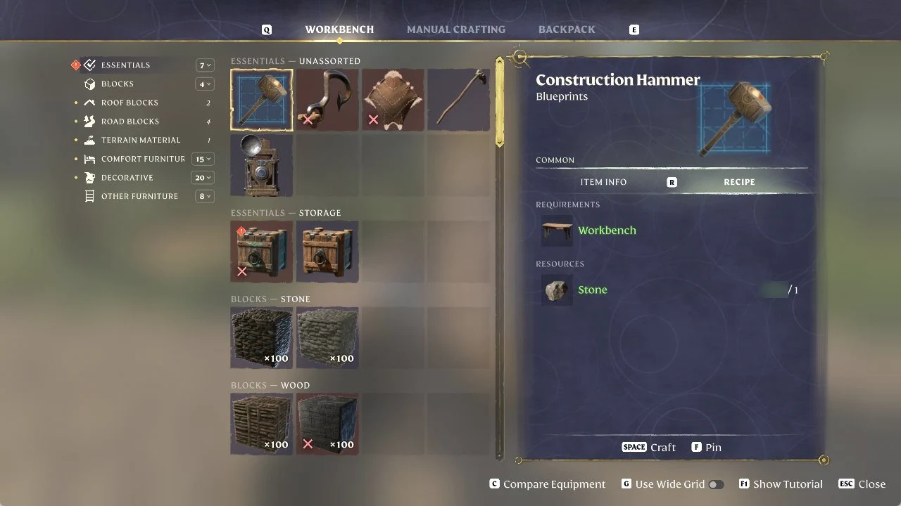 Enshrouded Workbench menu open after pressing E, showing WORKBENCH, MANUAL CRAFTING and BACKPACK tabs with a recipe card on the right