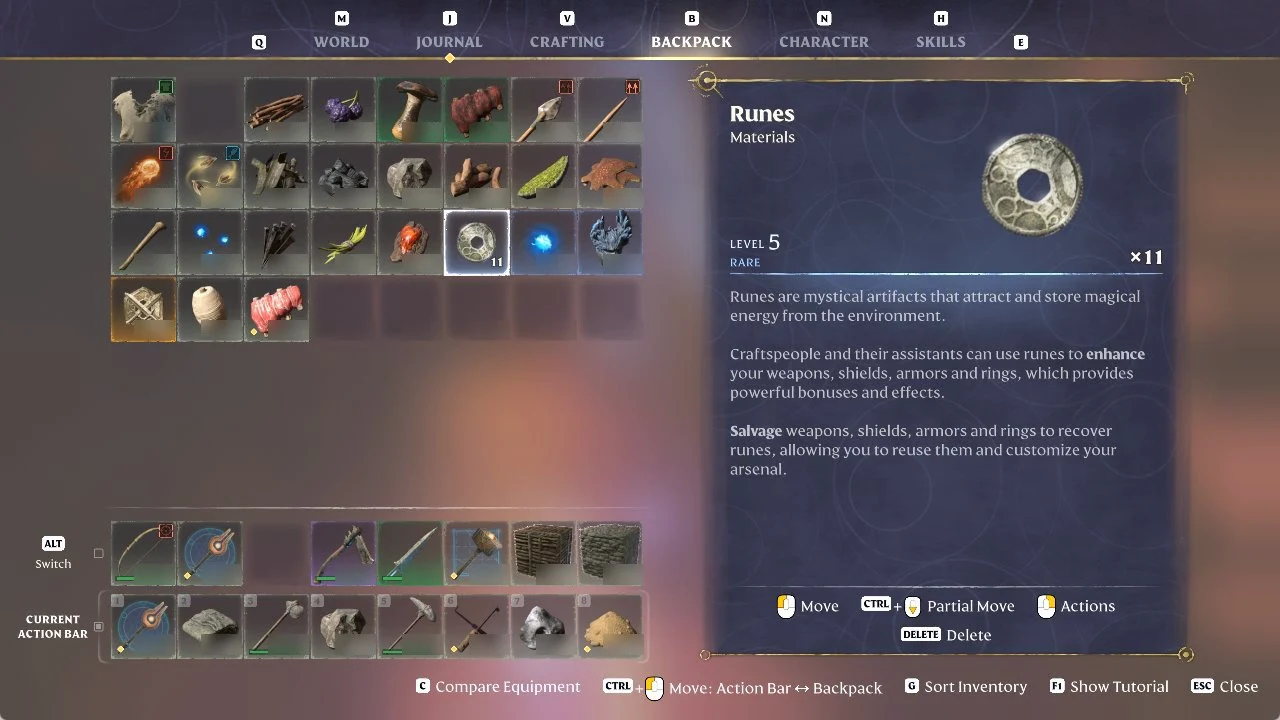 Runes selected in the Enshrouded Backpack, showing a stack of 11 and the item's description card