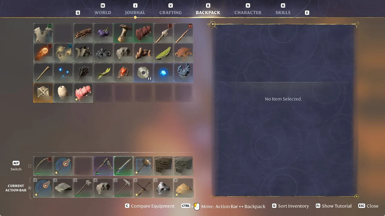 Enshrouded BACKPACK tab after salvaging, with the Rusty Sword action-bar slot empty, a Runes stack of 11, and No Item Selected.