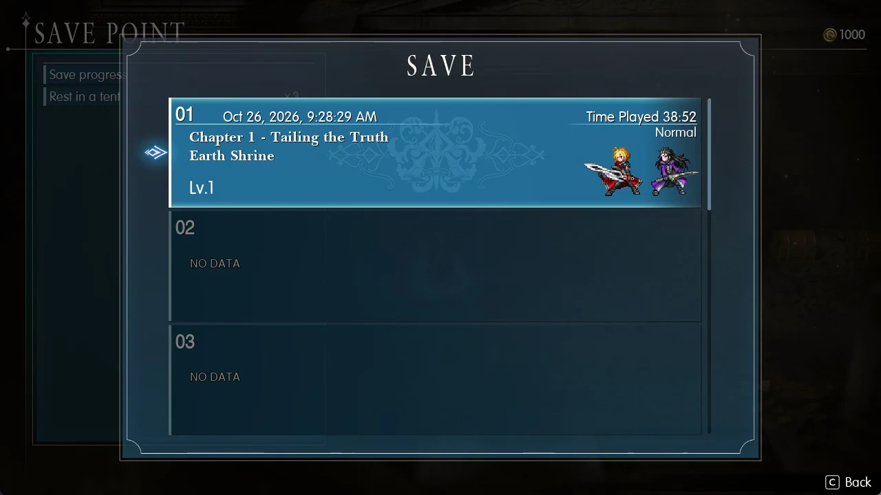 Save slot 01 filled with Chapter 1 Tailing the Truth progress after saving