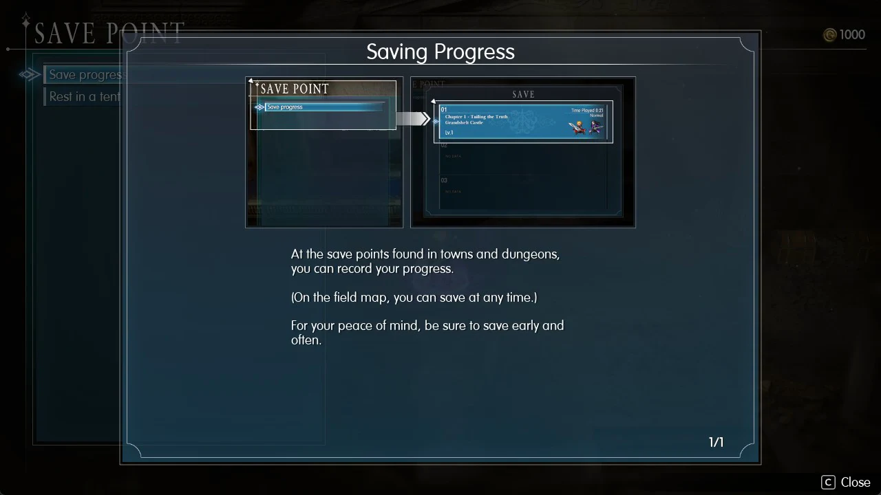 Saving Progress tutorial showing the Save progress option and the first save slot