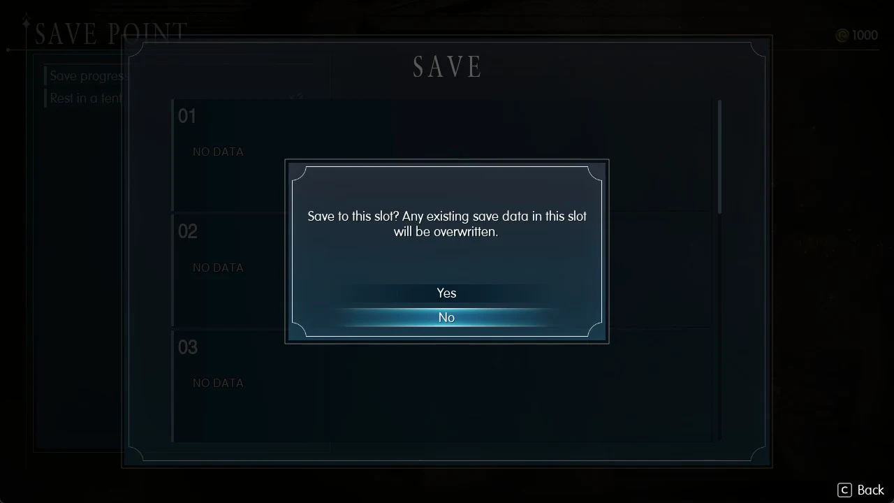 Overwrite confirmation box on the SAVE screen with the cursor resting on No
