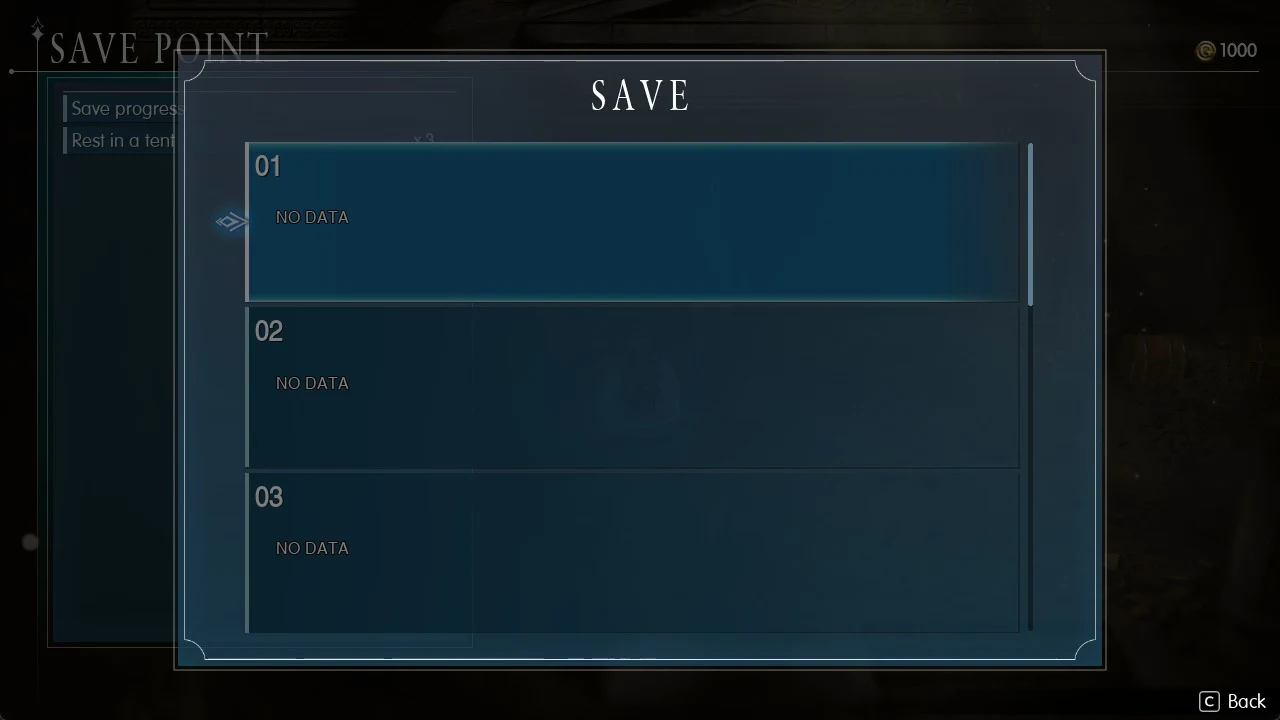 SAVE screen with empty slot 01 highlighted above other empty slots