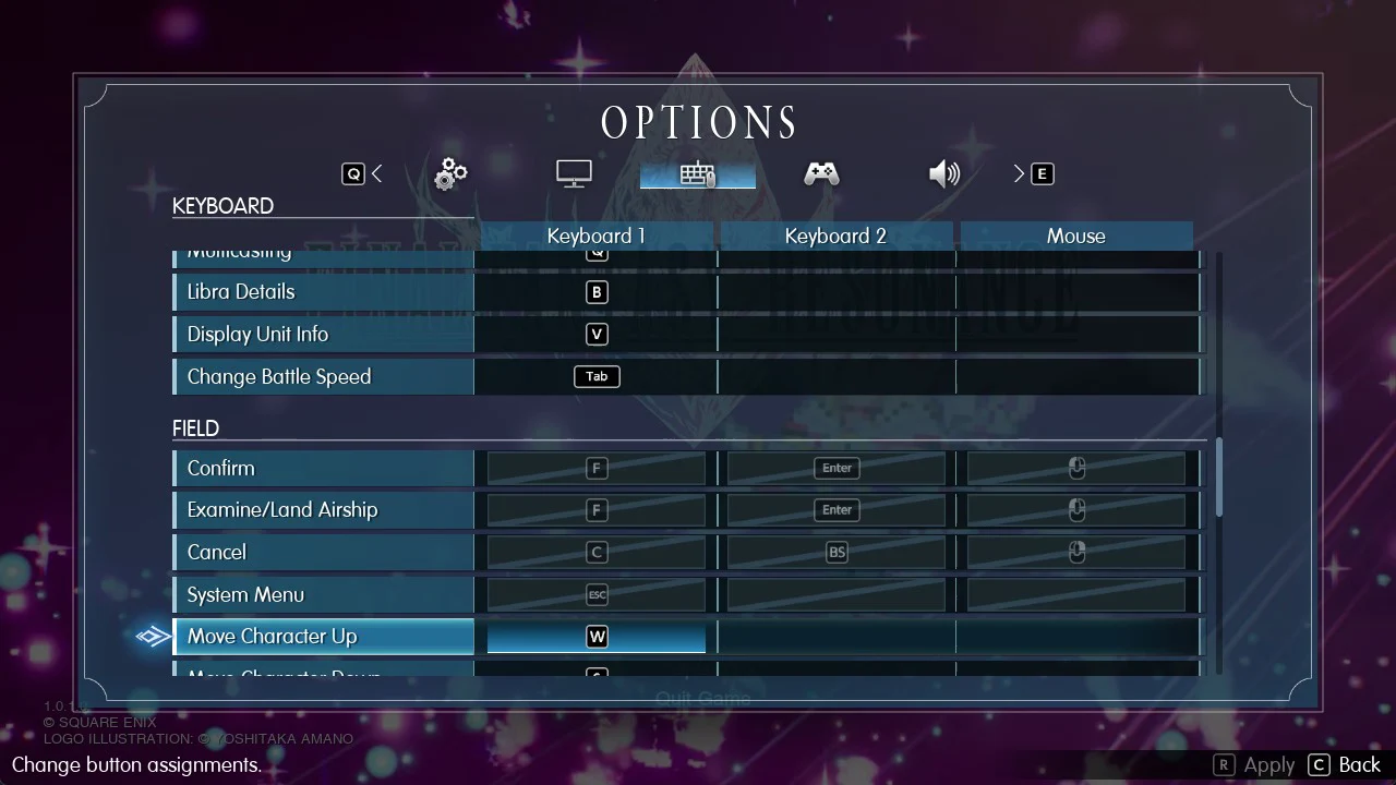 Options Keyboard tab with the Move Character Up field selected and set to W