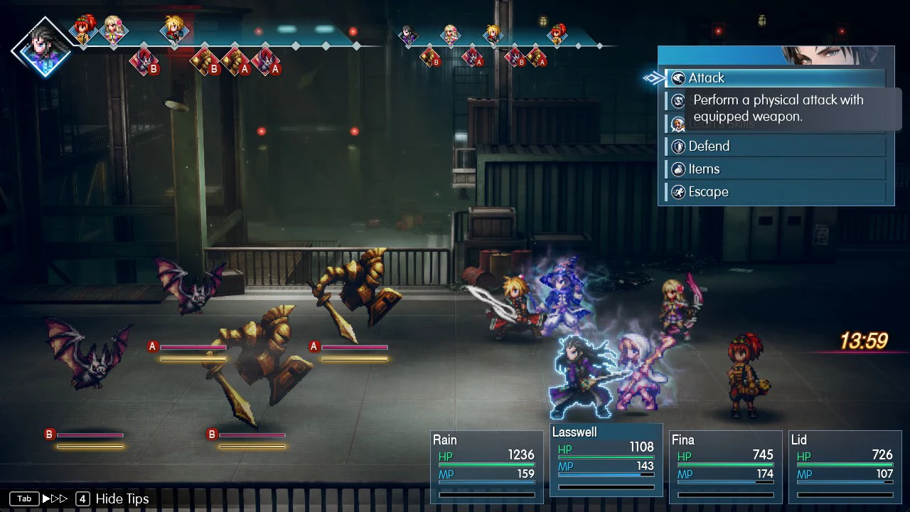 Battle command menu on a character's turn with Attack highlighted and its tooltip shown