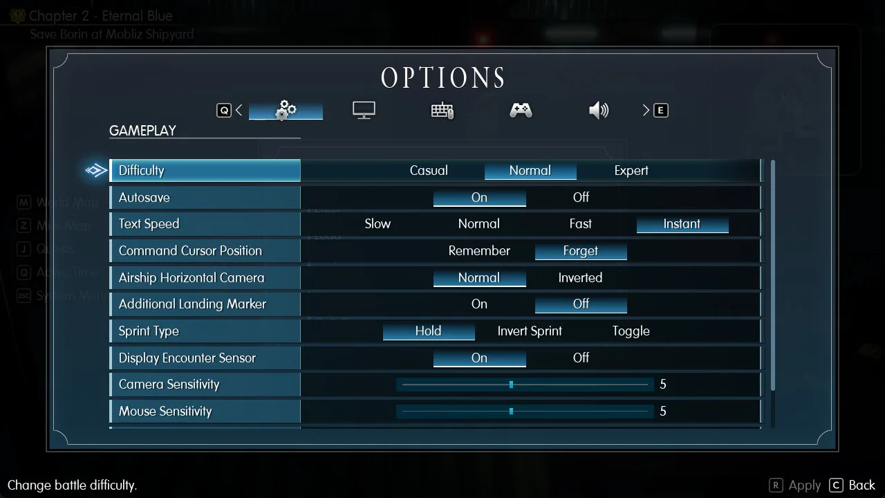 Options Gameplay tab listing Difficulty set to Normal, plus Text Speed, Sprint Type and other settings