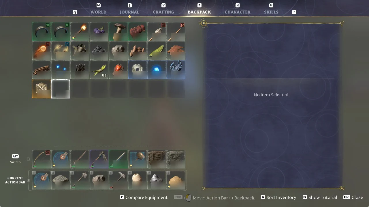 Enshrouded backpack reordered after 'G Sort Inventory', with the Plant Fiber stacks merged again