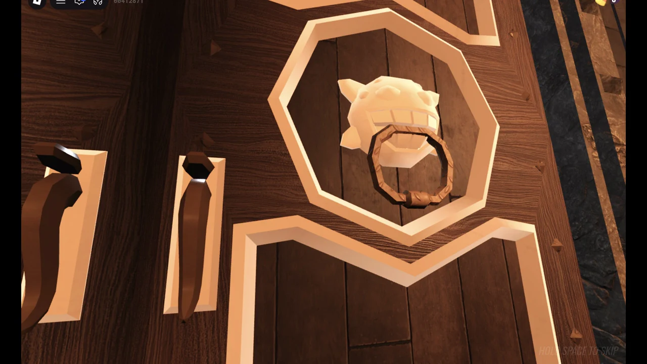 Close-up of the manor's wooden front door and its knocker during the door-opening cutscene