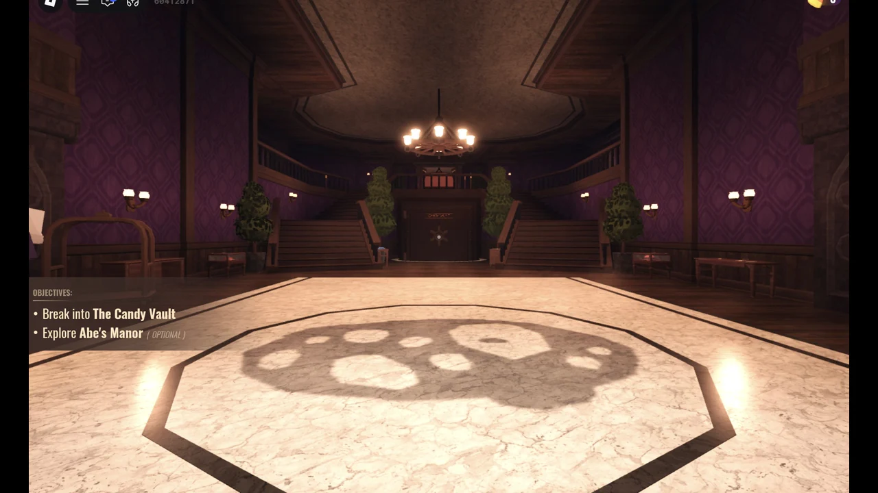 Manor foyer with the Objectives panel listing Break into The Candy Vault and Explore Abe's Manor