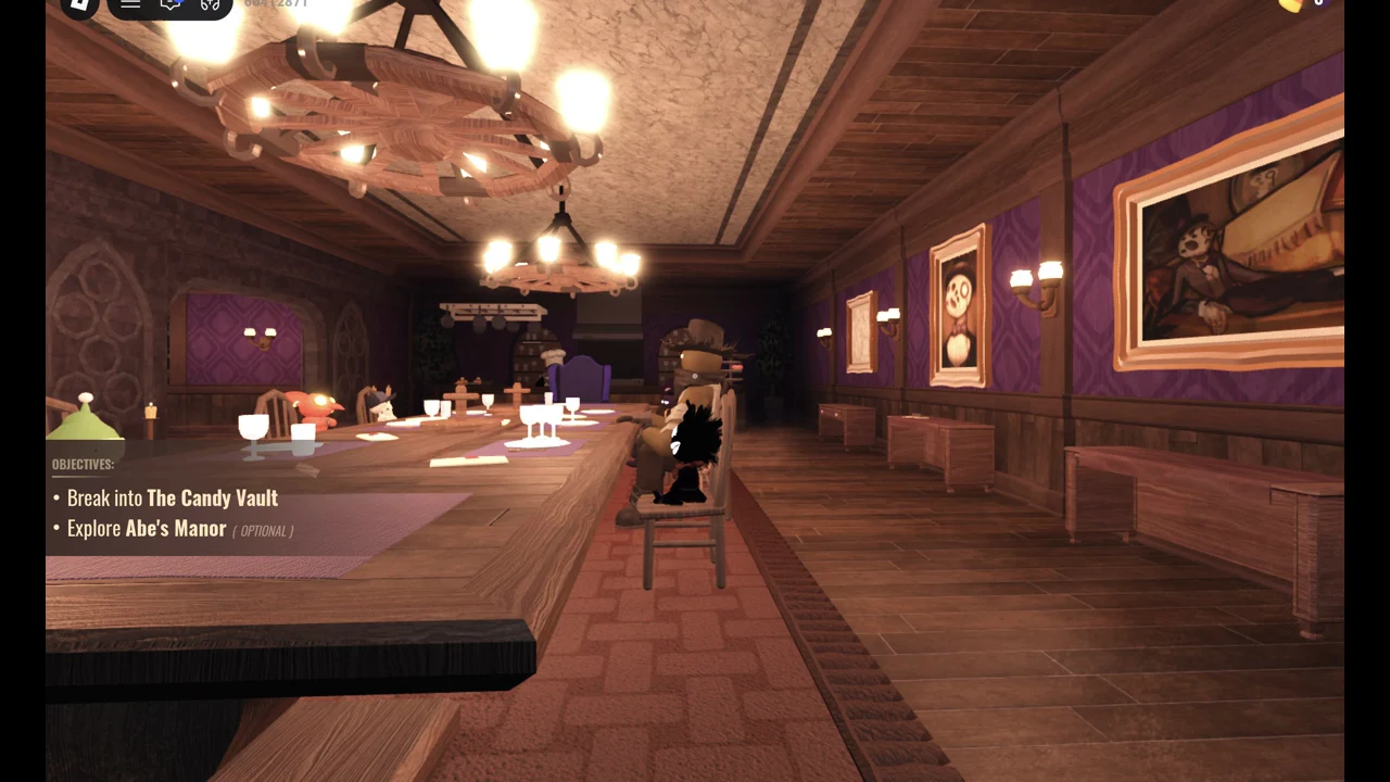 Long dining room in Abe's Manor with the Objectives panel still visible on the left