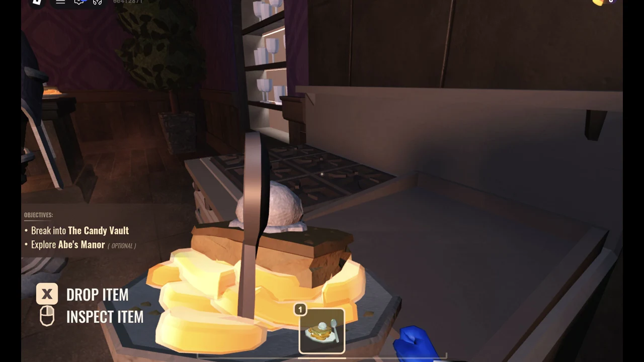 Player holding a plated food item from the kitchen with Drop Item and Inspect Item prompts on screen