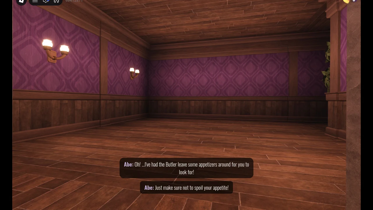 Abe's dialogue box about the Butler's appetizers shown over an empty purple-panelled room