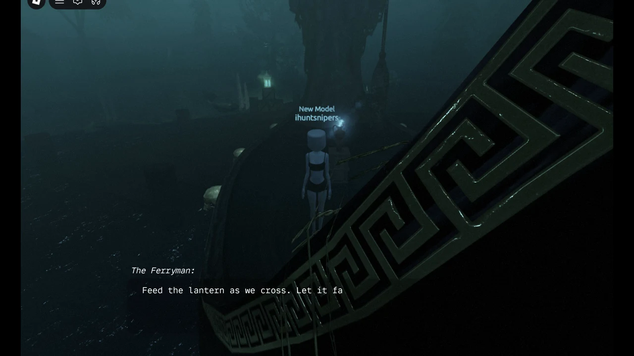 The Ferryman speaking on the boat, telling the player to feed the lantern during the river crossing