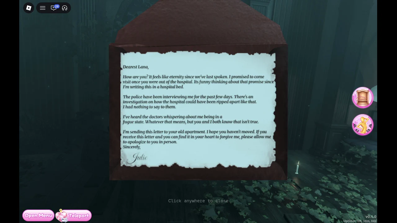 Julie's handwritten letter to Lana open on screen inside the dark, flooded salon