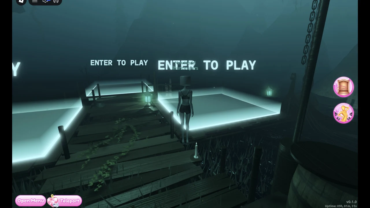Glowing glass platform beside the dock with an ENTER TO PLAY label above the avatar
