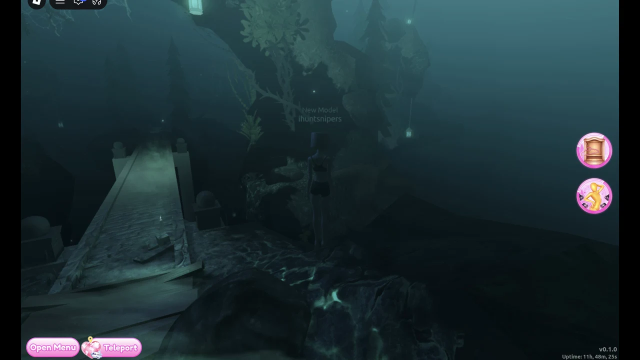 Avatar standing beside a stone bridge over dark water on the forest path, Teleport button at bottom left