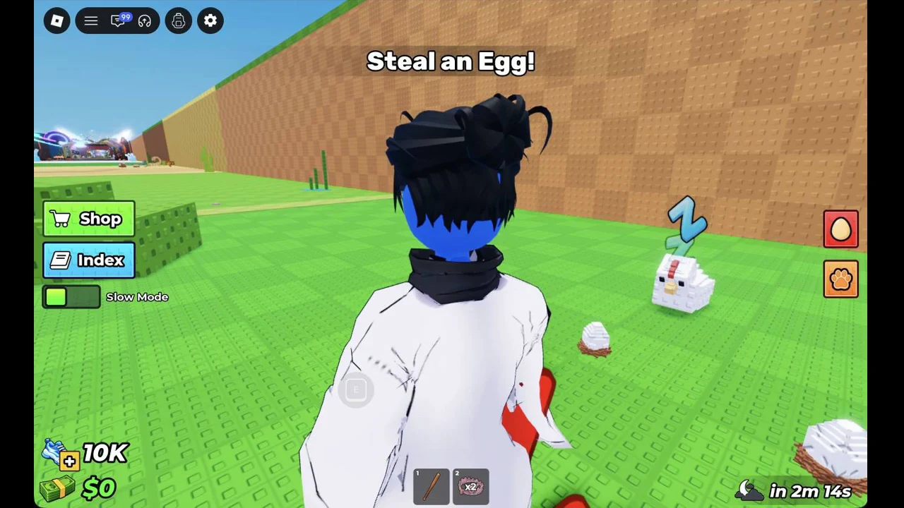 Player walking up to a sleeping chicken guard beside straw nests holding eggs in the Forest