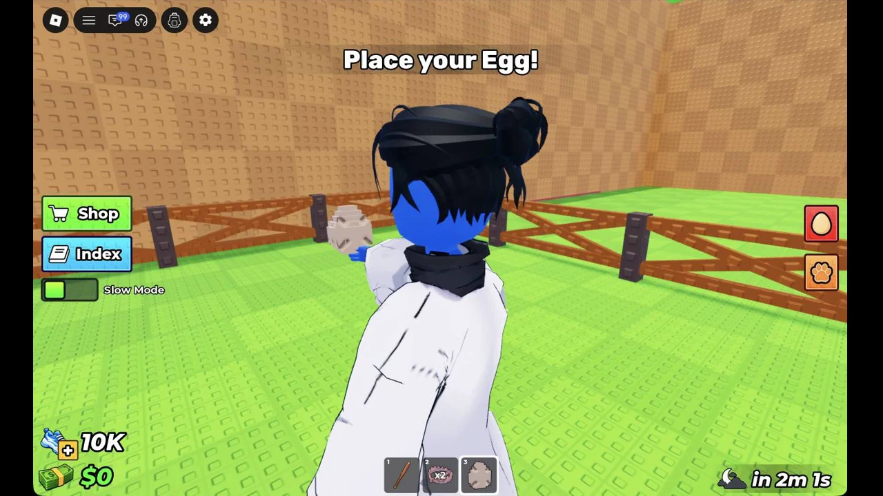Egg held in selected hotbar slot 3 inside the fenced pen, ready to be placed
