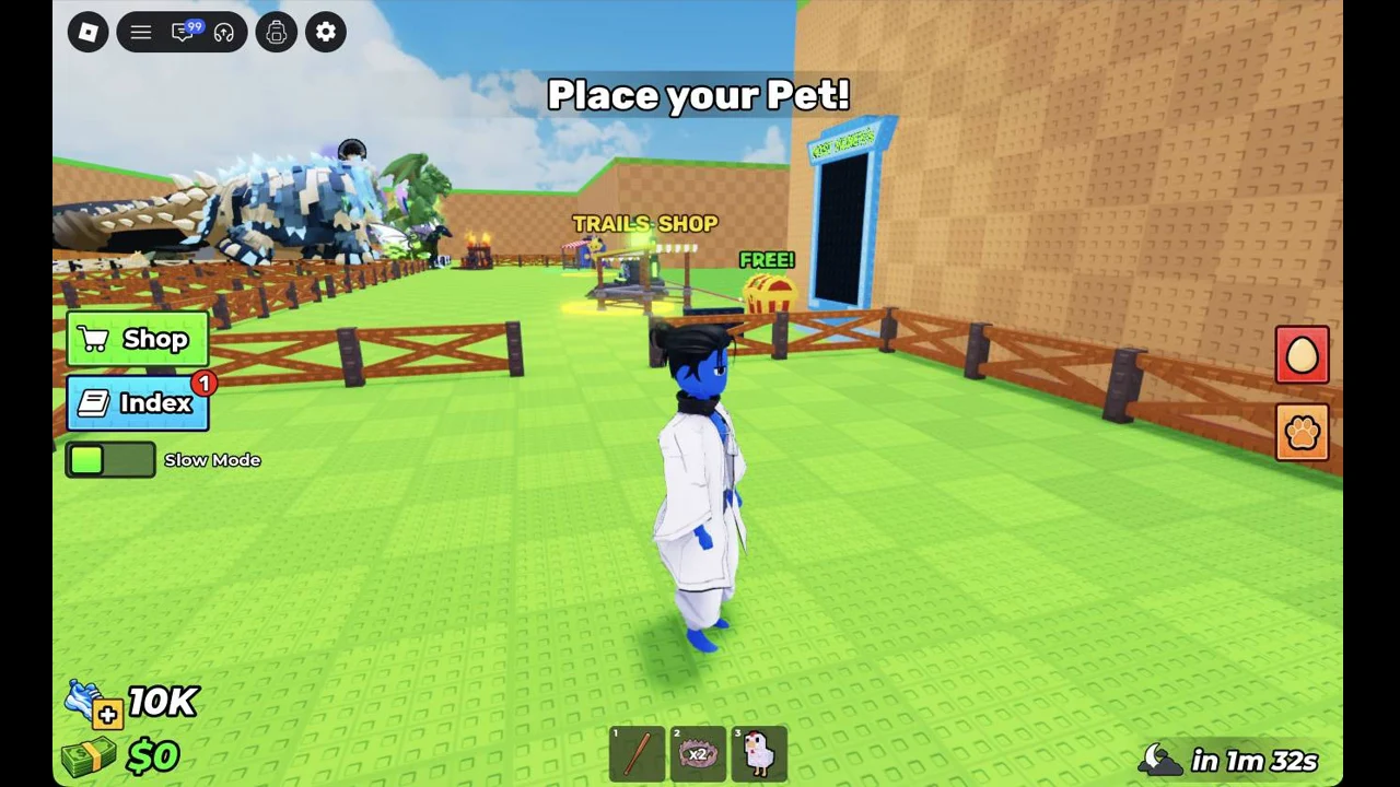 Pet selected in the bottom hotbar while the player gets ready to place it in the pen