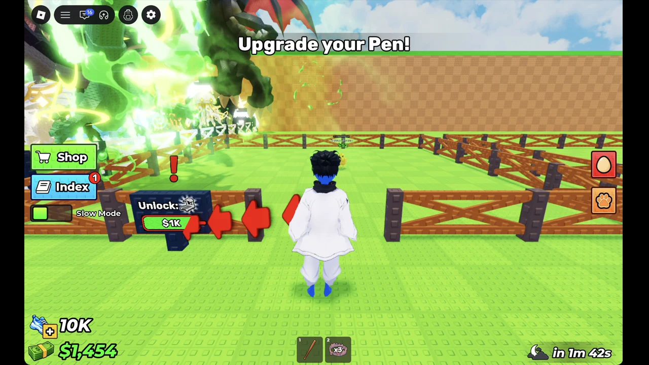 Player walking up to the pen sign showing Unlock: $1K during the Upgrade your Pen! prompt