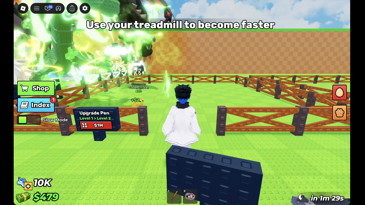 Avatar standing next to the new treadmill in the upgraded pen, with the treadmill prompt on screen