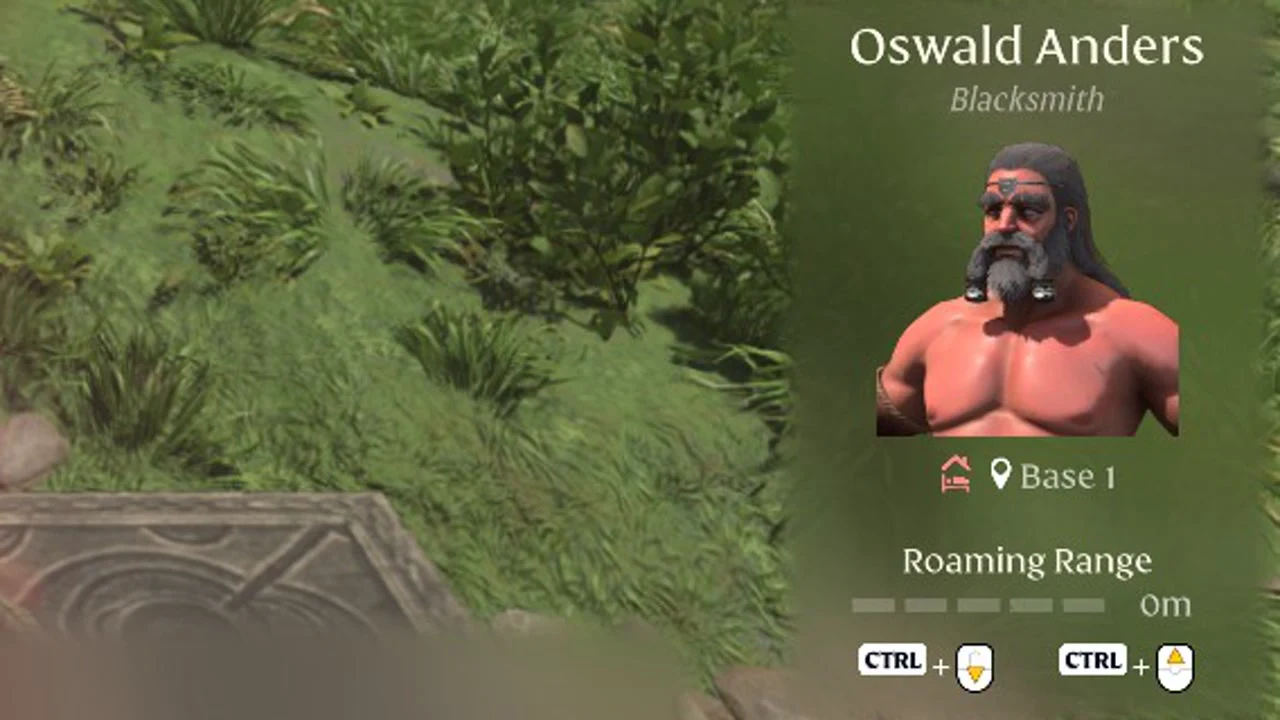 Oswald Anders Blacksmith card showing Base 1 and Roaming Range lowered to 0m