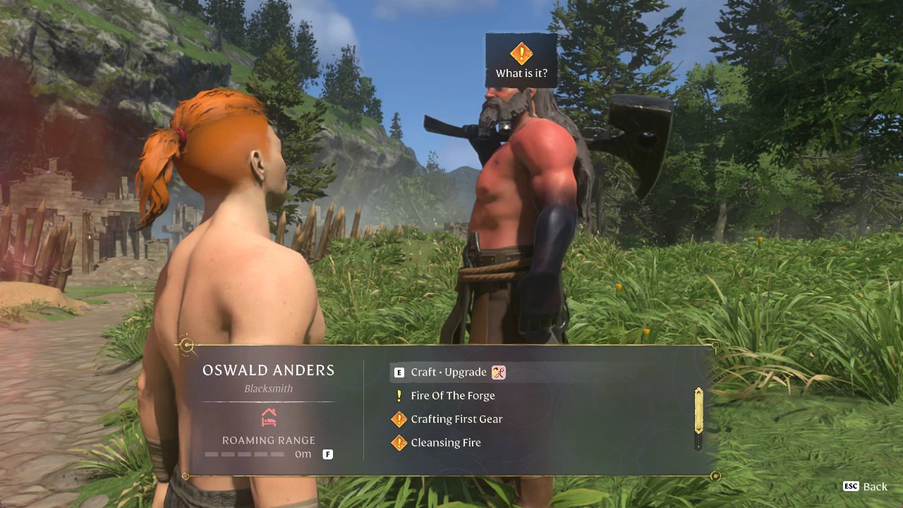 Oswald Anders dialogue menu with Craft Upgrade option and quest topics listed